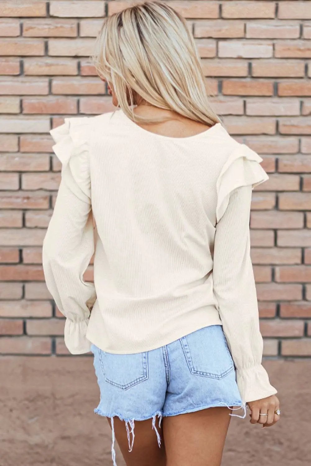Chic beige corduroy blouse with ruffle sleeves - Love Salve